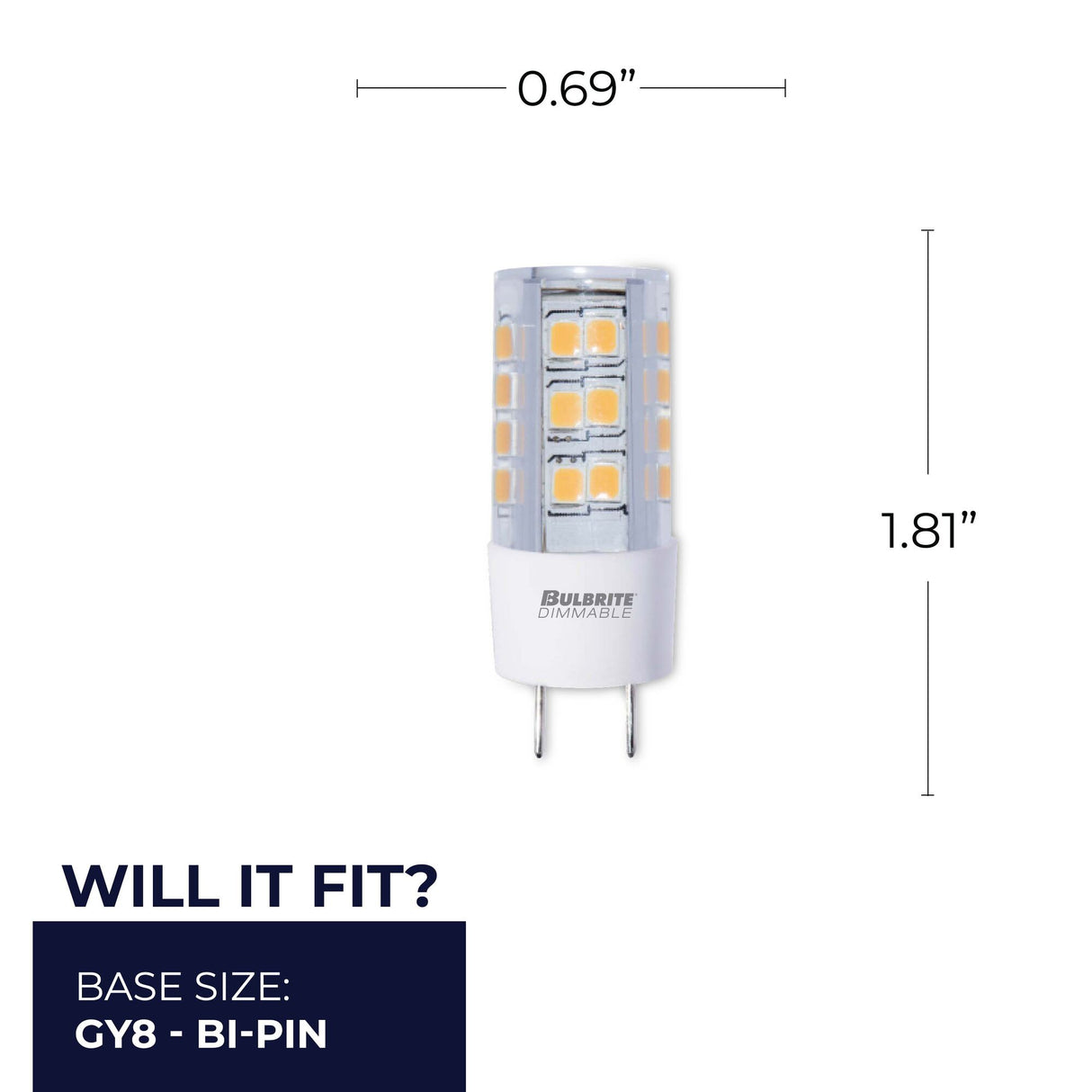 Bulbrite 861523 Bulbrite LED Mini T4 Dimmable Bi-Pin Base (GY8) Light Bulb 40 Watt Equivalent 2700K, Clear 2-Pack