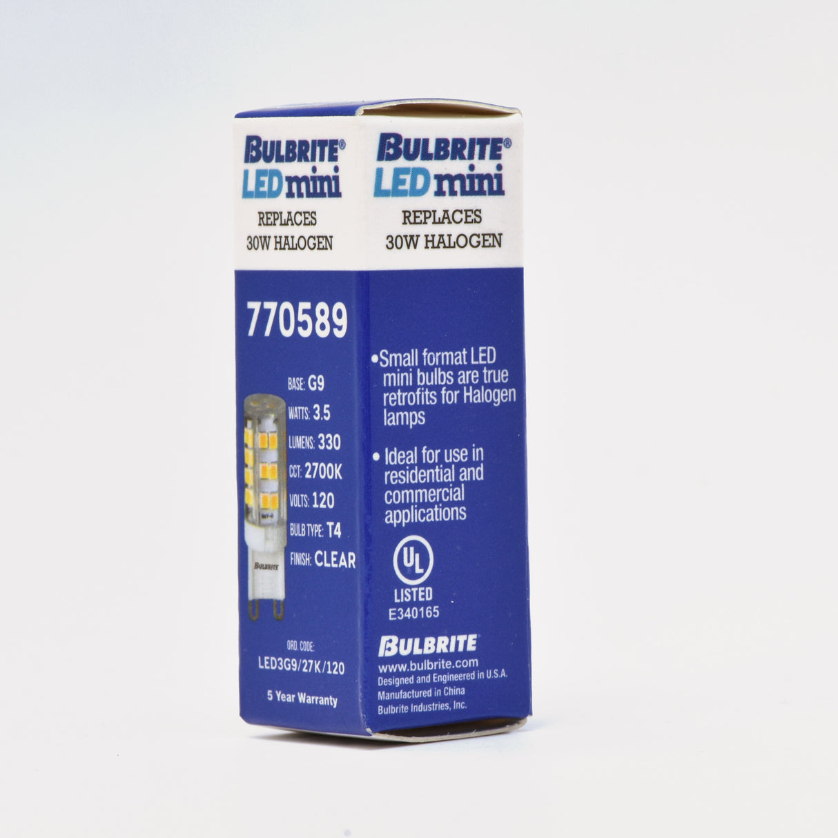 Bulbrite 862913 Bulbrite LED 3.5 Watt Dimmable T5 Light Bulb with a Frost Finish and a Bi-Pin G9 - 2700K (Warm White Light) 330 lumens