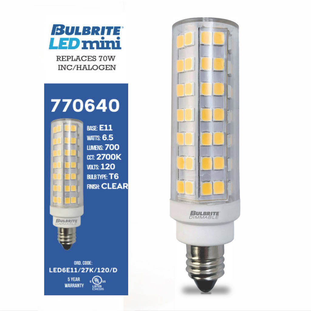 Bulbrite 862640 Bulbrite Pack of (2) 6.5 Watt 120V Dimmable Clear T6 LED Mini Light Bulbs with Mini-Candelabra (E11) Base, 2700K Warm White Light, 700 Lumens