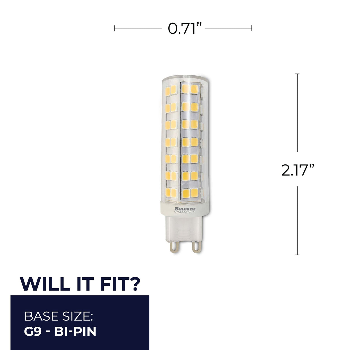 Bulbrite 862644 6.5W LED G9 Light Bulb 2700K Dimmable G9 700 Lumens 120V 2PK