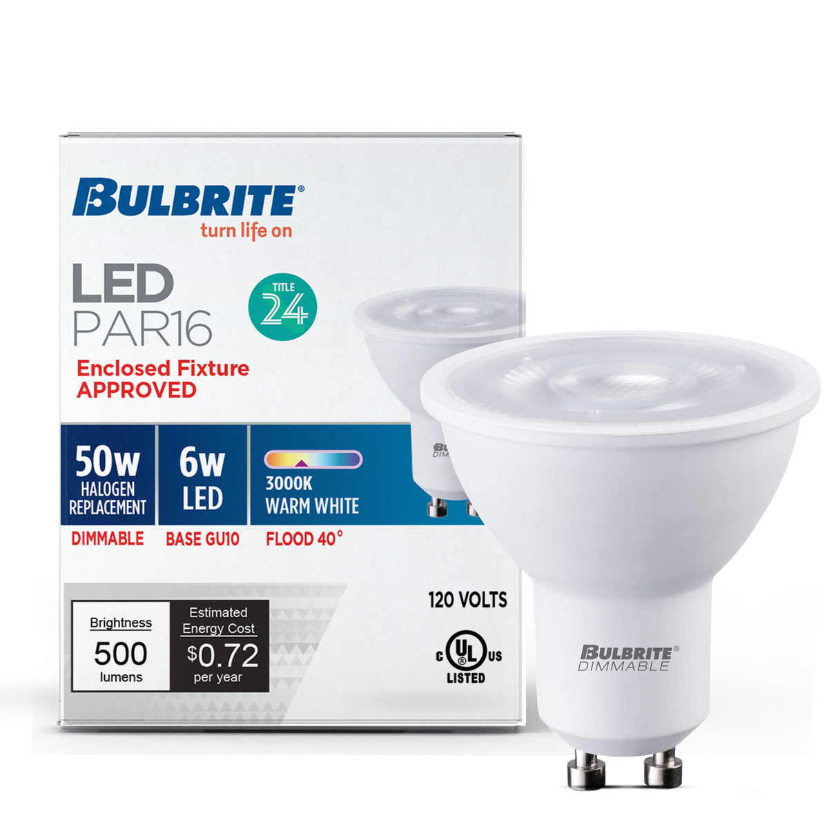 Bulbrite 862953 LED 6 Watt PAR16 Light Bulb with a GU10 Base - 3000K (Soft White Light) 500 Lumens-4PK