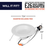 Bulbrite 862651 Bulbrite Pack of (4) 14 Watt Adjustable 5/6" Integrated LED Recessed Downlight with E26 Quick Connect Adapter, 5CCT - 27/30/35/40/50K, 1100 Lumens