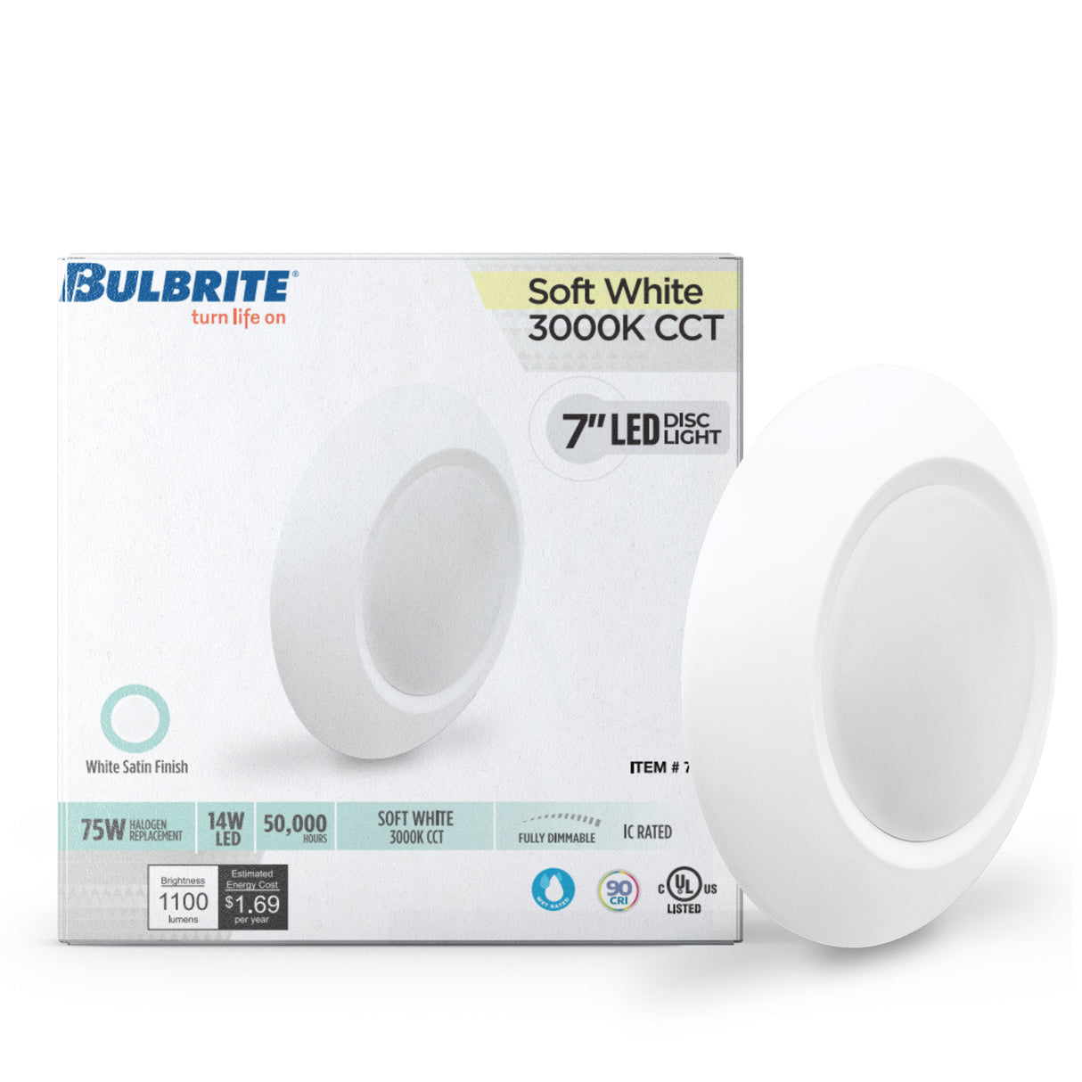 Bulbrite 862899 14W LED 7" ROUND DISC LIGHT 3000K WHITE ALUMINUM WITH PIGTAIL-12PK