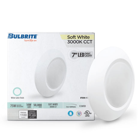 Bulbrite 862899 14W LED 7" ROUND DISC LIGHT 3000K WHITE ALUMINUM WITH PIGTAIL-12PK