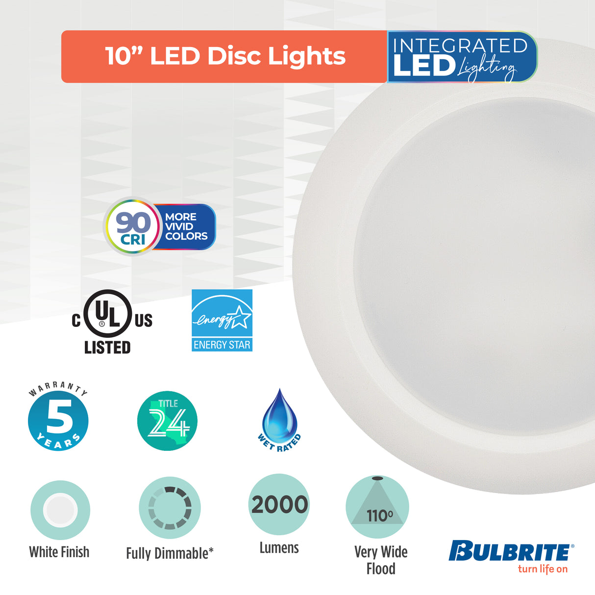 Bulbrite 773277 Bulbrite 25-Watt LED 10" Disc, 3000K, 2000 Lumens, White Finish