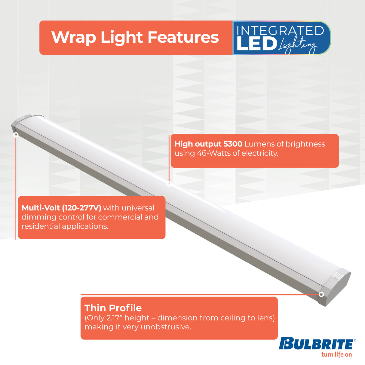 Bulbrite 773502 4 ft. 3000K LED Dimmable Wraparound Light (120-277v), 5300 Lumens, White Finish