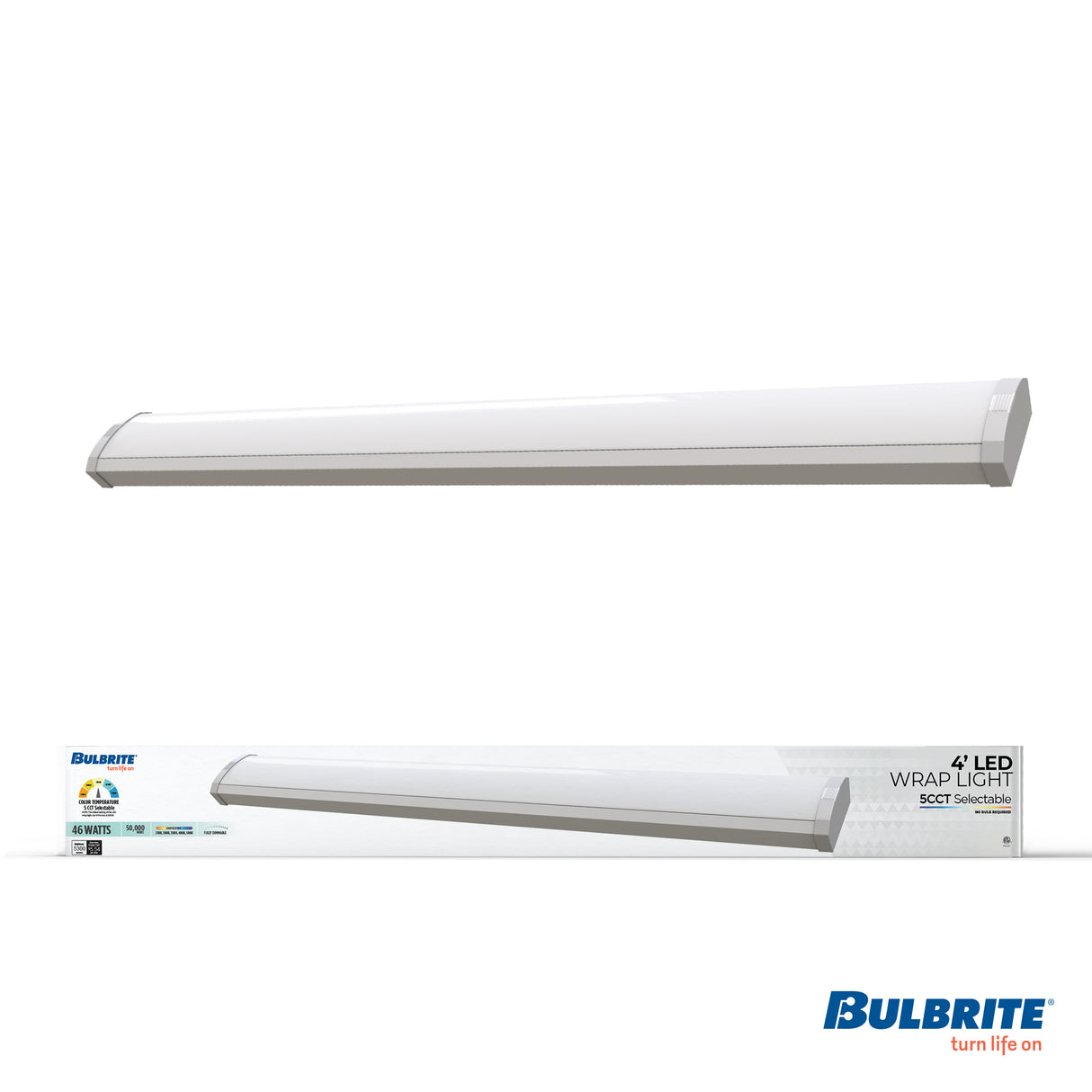 Bulbrite 773507 4 ft. Integrated 5 Color Selectable LED Dimmable Wraparound Light W/ Battery Backup (120-277v), 5300 Lumens, White