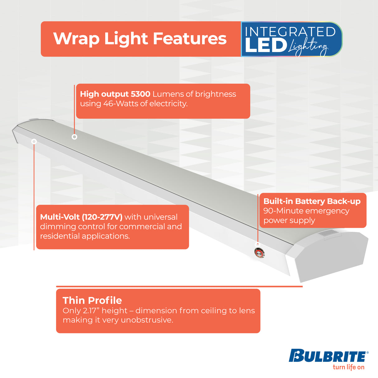 Bulbrite 773506 4 ft. 3000K LED Dimmable Wraparound Light W/ Battery Backup (120-277v), 5300 Lumens, White
