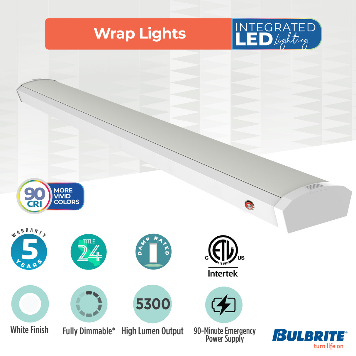 Bulbrite 773507 4 ft. Integrated 5 Color Selectable LED Dimmable Wraparound Light W/ Battery Backup (120-277v), 5300 Lumens, White
