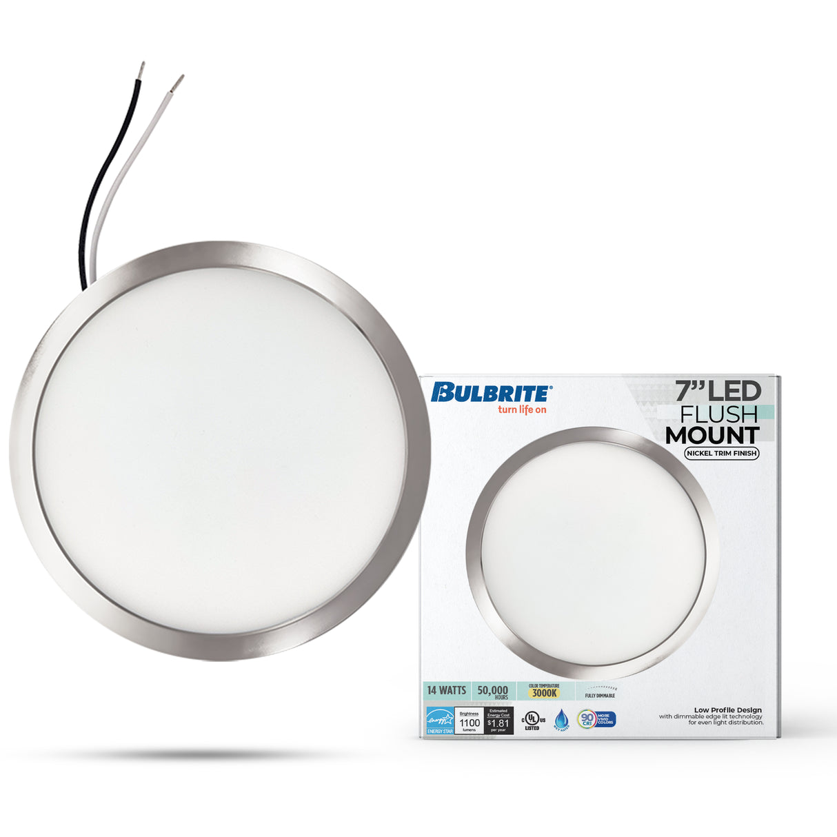 Bulbrite 773606 7" Round 10.3-Watt 3000K LED Flush Mount Light, 1150 Lumens, Nickel Finish