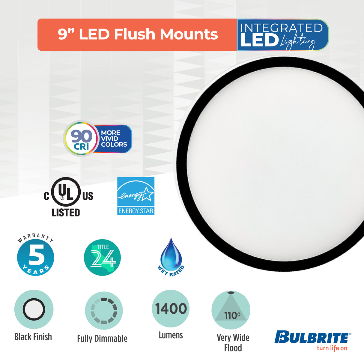 Bulbrite 773609 9" Round 17-Watt 3000K LED Flush Mount Light, 1400 Lumens, Black Finish