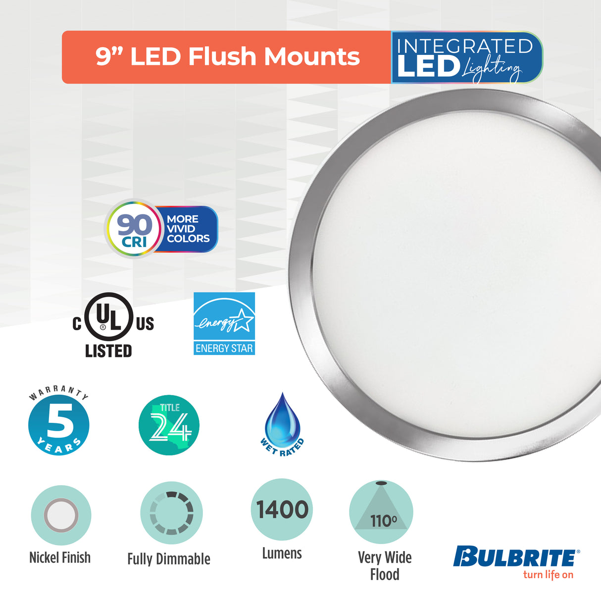 Bulbrite 773610 9" Round 17-Watt 3000K LED Flush Mount Light, 1400 Lumens, Nickel Finish
