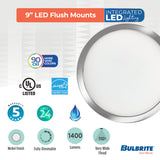 Bulbrite 773610 9" Round 17-Watt 3000K LED Flush Mount Light, 1400 Lumens, Nickel Finish