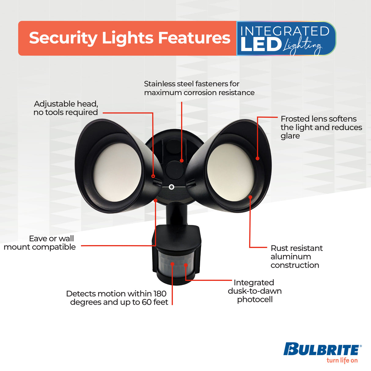 Bulbrite 773703 Motion Sensor / Dusk-To-Dawn Wired Outdoor 2-Head LED Security Flood Light, Black Finish