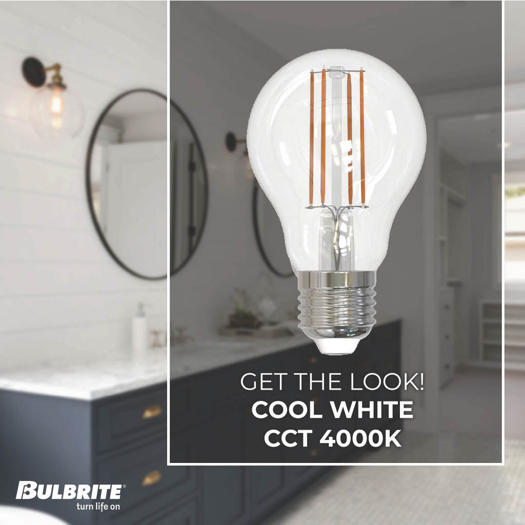 Bulbrite 862921 Bulbrite LED 7.6W Watt Dimmable A19 Light Bulb with a Clear Finish and a Medium Screw E26 - 4000K (Cool White Light) 800 lumens