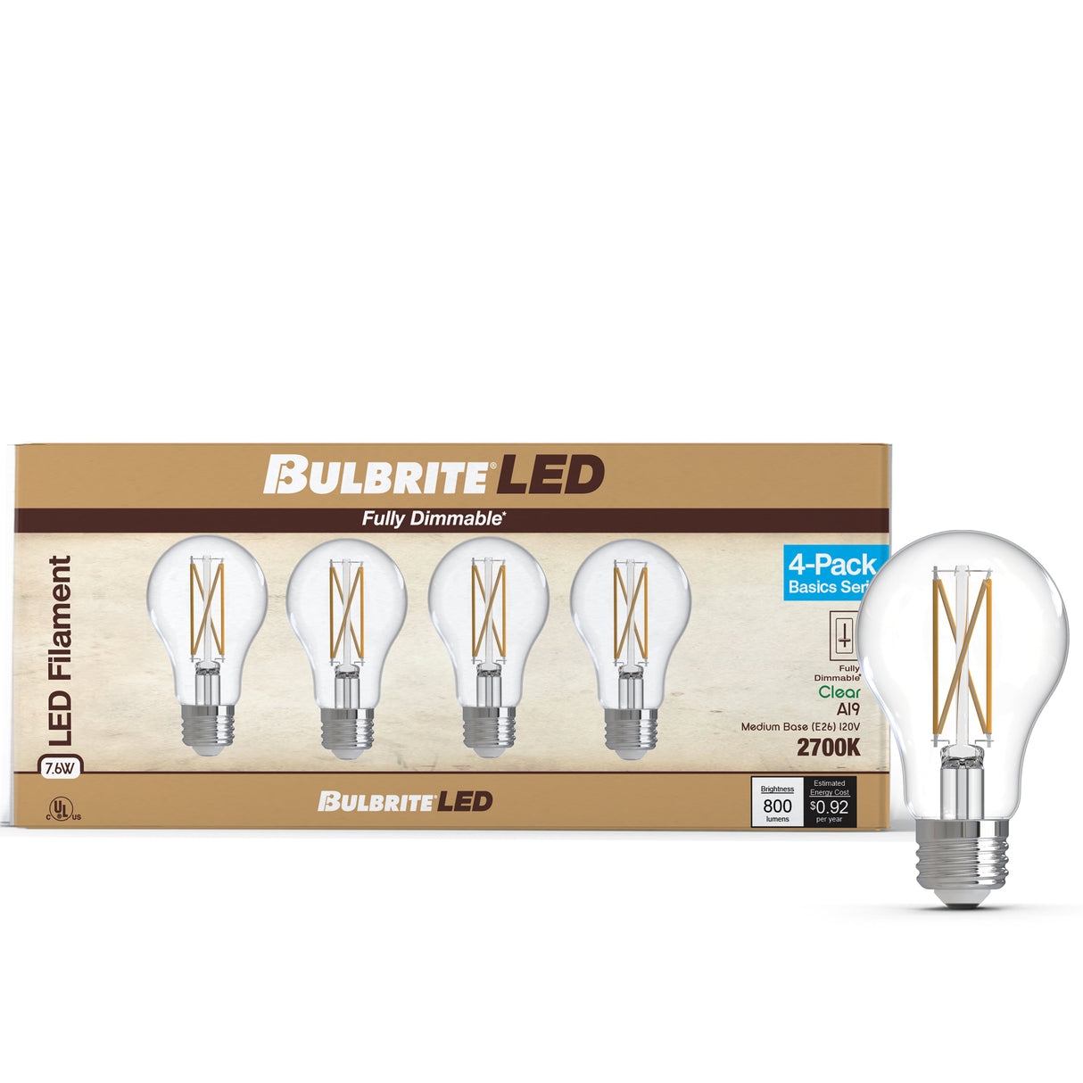 Bulbrite 776226 LED Filament Pack of 4, 7.6 Watt Dimmable A19 Light Bulb with Clear Finish and Medium Screw E26 Base - 2700K (Warm White Light) 800 lumens