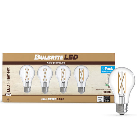 Bulbrite 776227 LED Filament Pack of 4, 7.6 Watt Dimmable A19 Light Bulb with Clear Finish and Medium Screw E26 Base - 3000K (Soft White Light) 800 lumens