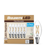 Bulbrite 776230 LED Filament Pack of 6, 4.1 Watt Dimmable B11 Light Bulb with Clear Finish and Candelabra Screw E12 Base - 3000K (Soft White Light) 400 lumens