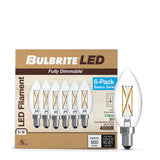 Bulbrite 776234 LED Filament Pack of 6, 5.1 Watt Dimmable B11 Light Bulb with Clear Finish and Candelabra Screw E12 Base - 4000K (Cool White Light) 500 lumens