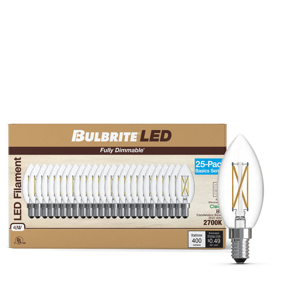 Bulbrite 776235 LED Filament Pack of 25, 4.1 Watt Dimmable B11 Light Bulb with Clear Finish and Candelabra Screw E12 Base - 2700K (Warm White Light) 400 lumens
