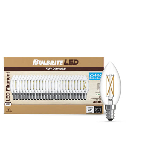 Bulbrite 776236 LED4B11/30K/FIL/D/B/2/25P 4.1W LED B11 Filament 3000K 400lm E12 120V [25-Pack]