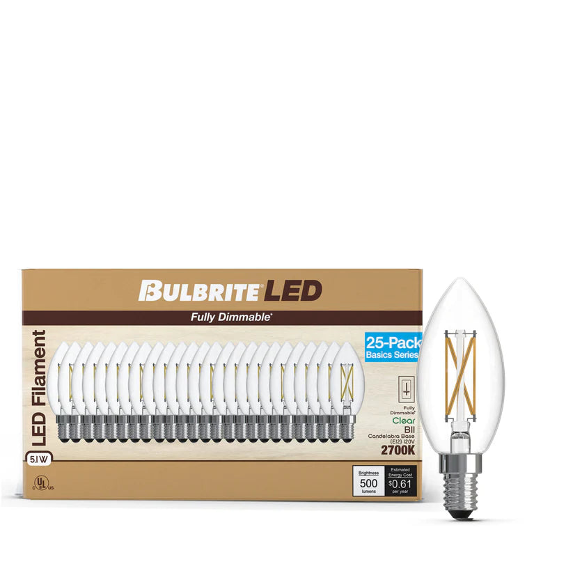 Bulbrite 776237 LED5B11/27K/FIL/D/B/2/25P 5.1W LED B11 Filament 2700K 500lm E12 120V [25-Pack]