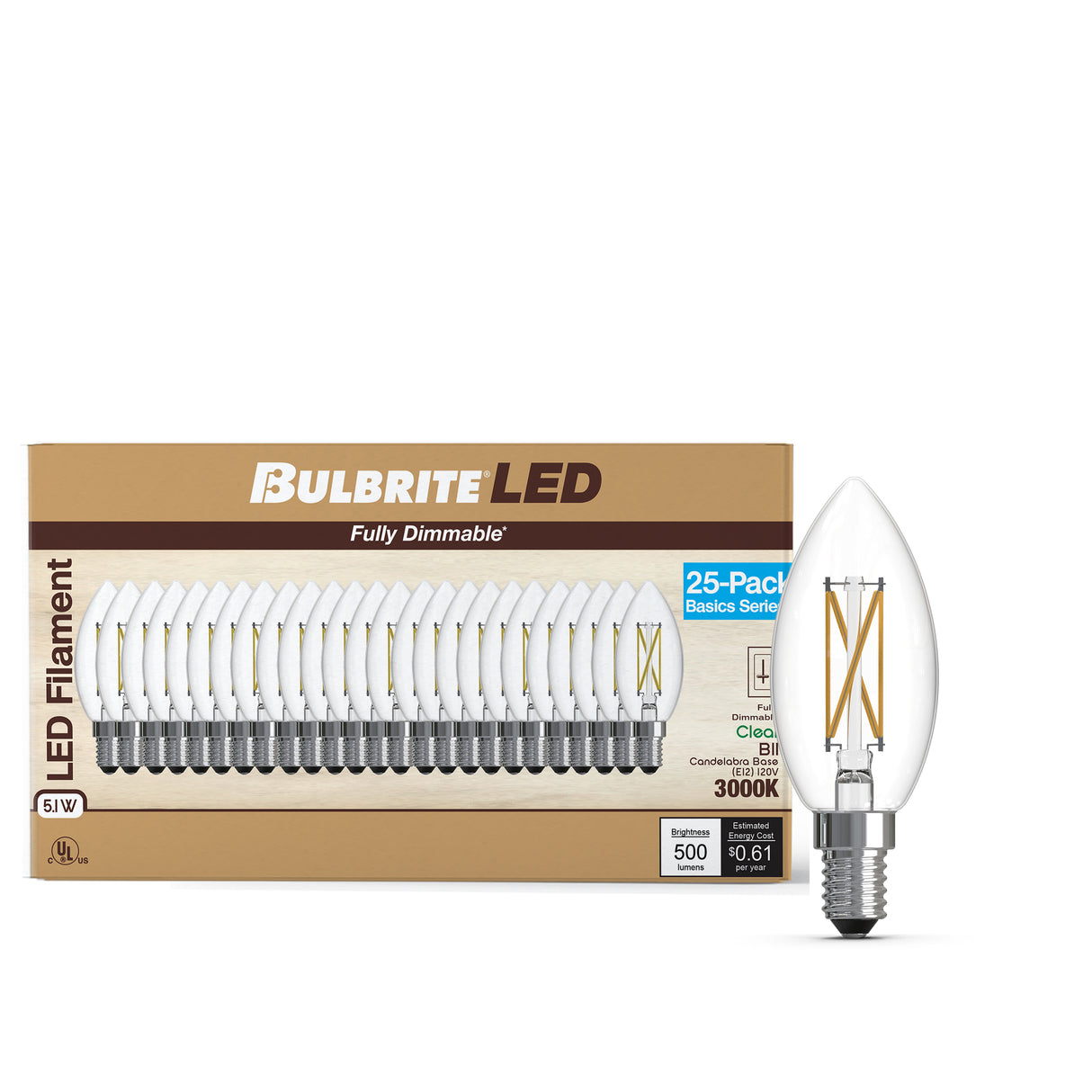Bulbrite 776238 LED Filament Pack of 25, 5.1 Watt Dimmable B11 Light Bulb with Clear Finish and Candelabra Screw E12 Base - 3000K (Soft White Light) 500 lumens