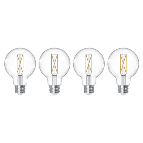 Bulbrite 776239 LED Filament Pack of 4, 7.6 Watt Dimmable G25 Light Bulb with Clear Finish and Medium Screw E26 Base - 2700K (Warm White Light) 800 lumens