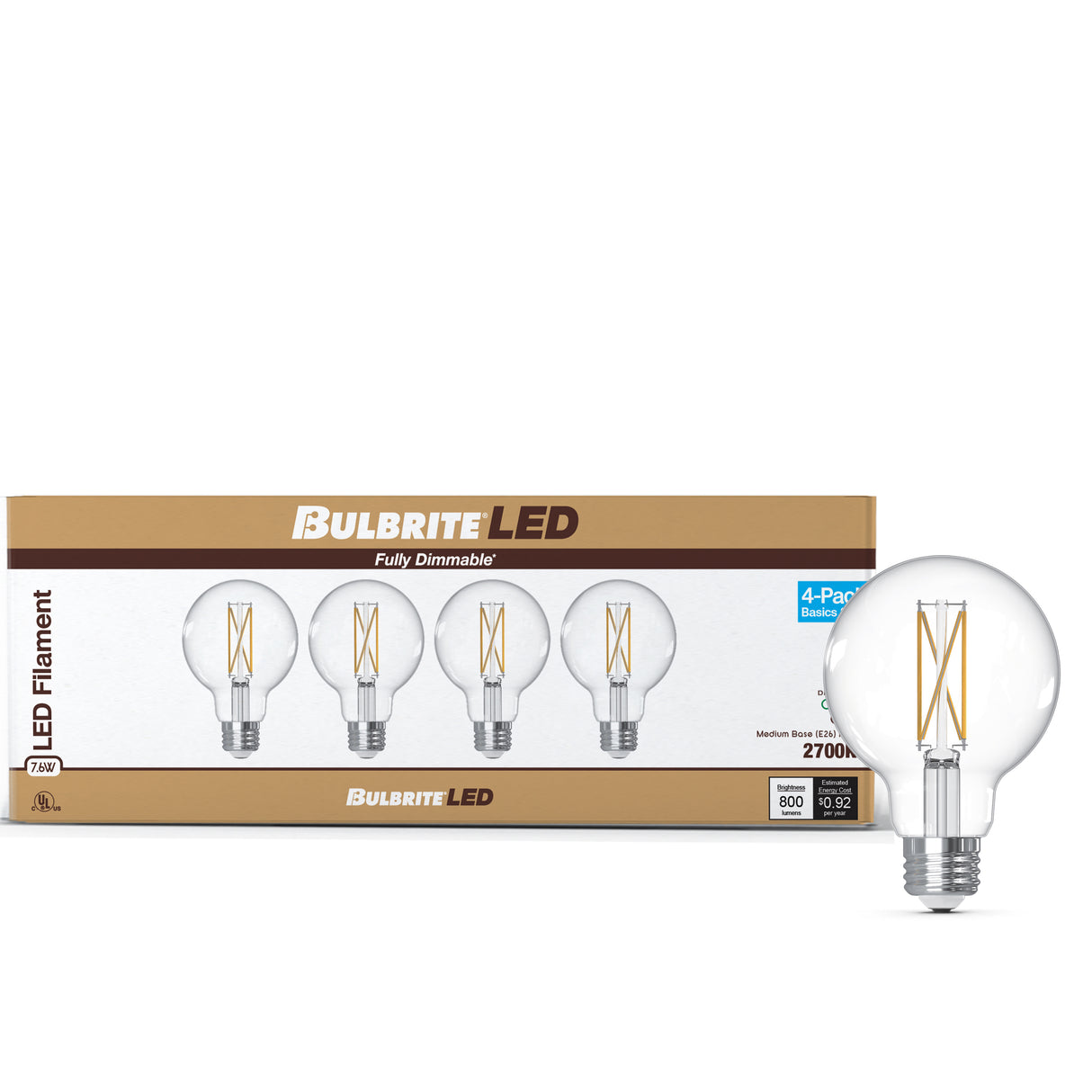 Bulbrite 776239 LED Filament Pack of 4, 7.6 Watt Dimmable G25 Light Bulb with Clear Finish and Medium Screw E26 Base - 2700K (Warm White Light) 800 lumens