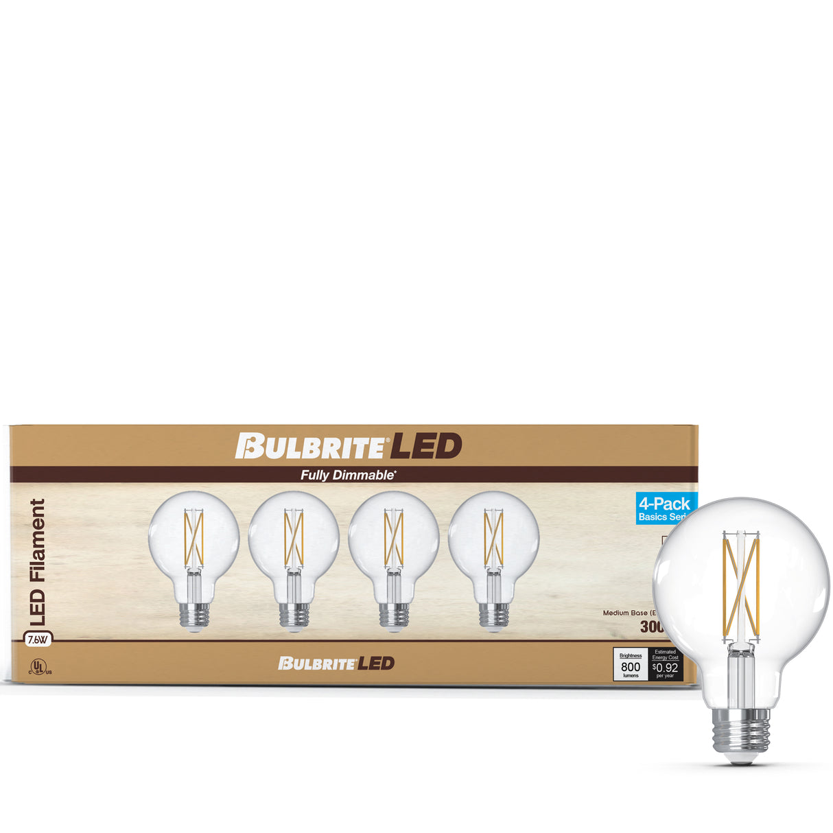 Bulbrite 776240 LED Filament Pack of 4, 7.6 Watt Dimmable G25 Light Bulb with Clear Finish and Medium Screw E26 Base - 3000K (Soft White Light) 800 lumens