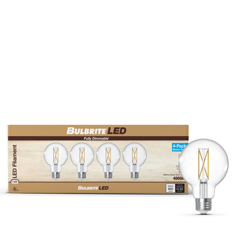 Bulbrite 776241 LED Filament Pack of 4, 7.6 Watt Dimmable G25 Light Bulb with Clear Finish and Medium Screw E26 Base - 4000K (Cool White Light) 800 lumens