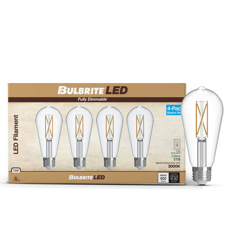 Bulbrite 776243 LED Filament Pack of 4, 7.6 Watt Dimmable ST18 Light Bulb with Clear Finish and Medium Screw E26 Base - 3000K (Soft White Light) 800 lumens