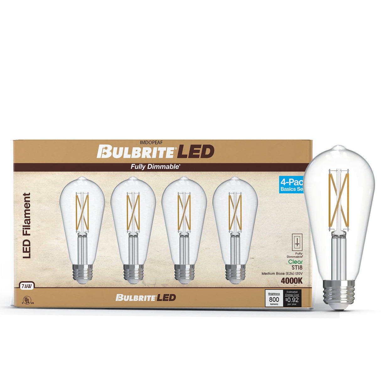 Bulbrite 776244 LED Filament Pack of 4, 7.6 Watt Dimmable ST18 Light Bulb with Clear Finish and Medium Screw E26 Base - 4000K (Cool White Light) 800 lumens
