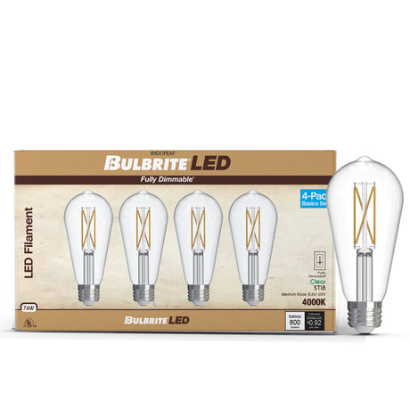 Bulbrite 776244 LED Filament Pack of 4, 7.6 Watt Dimmable ST18 Light Bulb with Clear Finish and Medium Screw E26 Base - 4000K (Cool White Light) 800 lumens