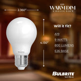 Bulbrite 862884 Bulbrite 9 Watt LED A19 Light Bulbs, Warm Dimming 3000K (Soft White) - 1800K (Candlelight), 800 Lumens, (2 Pack)