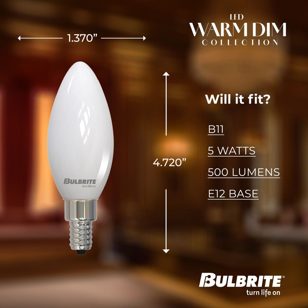 Bulbrite 862885 Bulbrite 5 Watt LED B11 Light Bulbs, Warm Dimming 3000K (Soft White) - 1800K (Candlelight), 500 Lumens, (4 Pack)