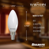 Bulbrite 862885 Bulbrite 5 Watt LED B11 Light Bulbs, Warm Dimming 3000K (Soft White) - 1800K (Candlelight), 500 Lumens, (4 Pack)