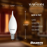 Bulbrite 862886 Bulbrite 5 Watt LED CA10 Light Bulbs, Warm Dimming 3000K (Soft White) - 1800K (Candlelight), 500 Lumens, (4 Pack)