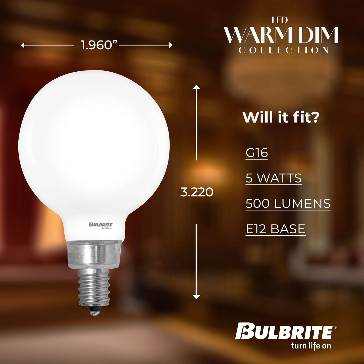 Bulbrite 862887 Bulbrite 5 Watt LED G16 Light Bulbs, Warm Dimming 3000K (Soft White) - 1800K (Candlelight), 500 Lumens, (4 Pack)