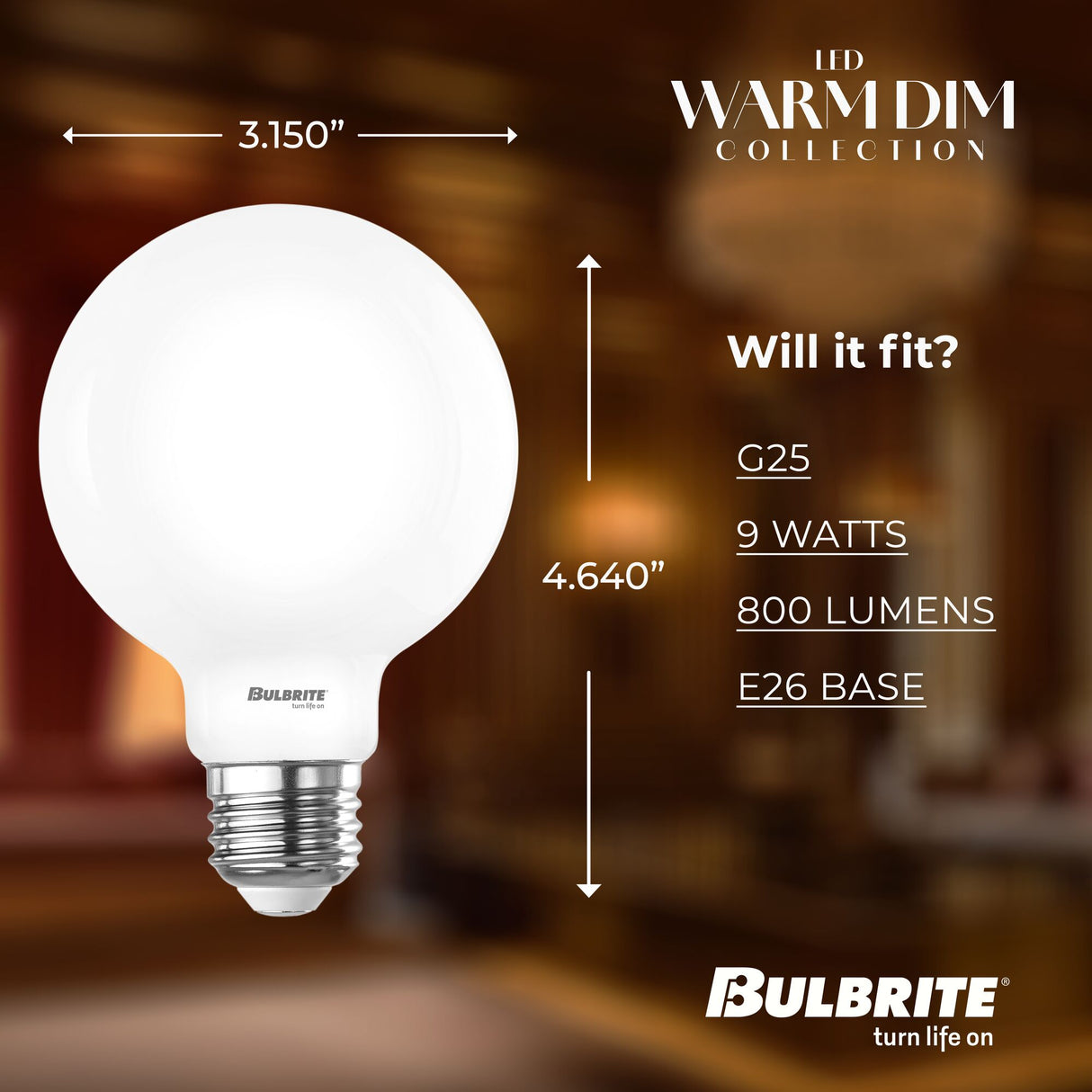 Bulbrite 862888 Bulbrite 9 Watt LED G25 Light Bulbs, Warm Dimming 3000K (Soft White) - 1800K (Candlelight), 800 Lumens, (2 Pack)
