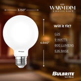 Bulbrite 862888 Bulbrite 9 Watt LED G25 Light Bulbs, Warm Dimming 3000K (Soft White) - 1800K (Candlelight), 800 Lumens, (2 Pack)