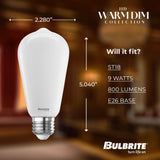 Bulbrite 862889 Bulbrite 9 Watt LED ST18 Light Bulbs, Warm Dimming 3000K (Soft White) - 1800K (Candlelight), 800 Lumens, (2 Pack)