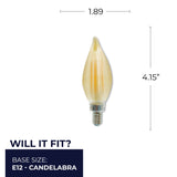 Bulbrite 862786 Bulbrite Spunlite Pack of (4) 4 Watt Dimmable C11 LED Filament Light Bulb with Amber Glass Finish and Candelabra (E12) Base - 2100K (Amber Light), 250 Lumens