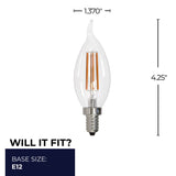 Bulbrite 862857 Bulbrite LED Filament Pack of (4) 6.5 Watt Dimmable CA10 Light Bulbs with a Clear Finish and Candelabra (E12) Base - 2700K (Warm White Light), 750 Lumens