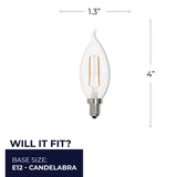 Bulbrite 861414 Bulbrite LED Filament CA10 Dimmable Candelabra Screw Base (E12) Light Bulb 25 Watt Equivalent 2700K, Clear 4-Pack