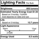 Bulbrite 861573 8.5W LED G40 Light Bulb 2700K Dimmable E26 800 Lumens 120V 2PK