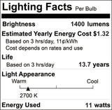 Bulbrite 861597 8.5W LED G40 Light Bulb 2700K Dimmable E26 800 Lumens 120V 2PK