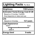 Bulbrite 861579 9W LED A19 Light Bulb 3000K Dimmable E26 1100 Lumens 120V 2PK