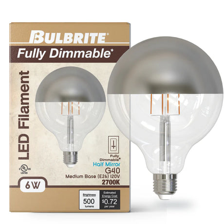 Bulbrite 776920 LED6G40/27K/FIL/HM/3 6W LED G40 Filament Half Mirror 2700K 500lm E26 120V [4-Pack]