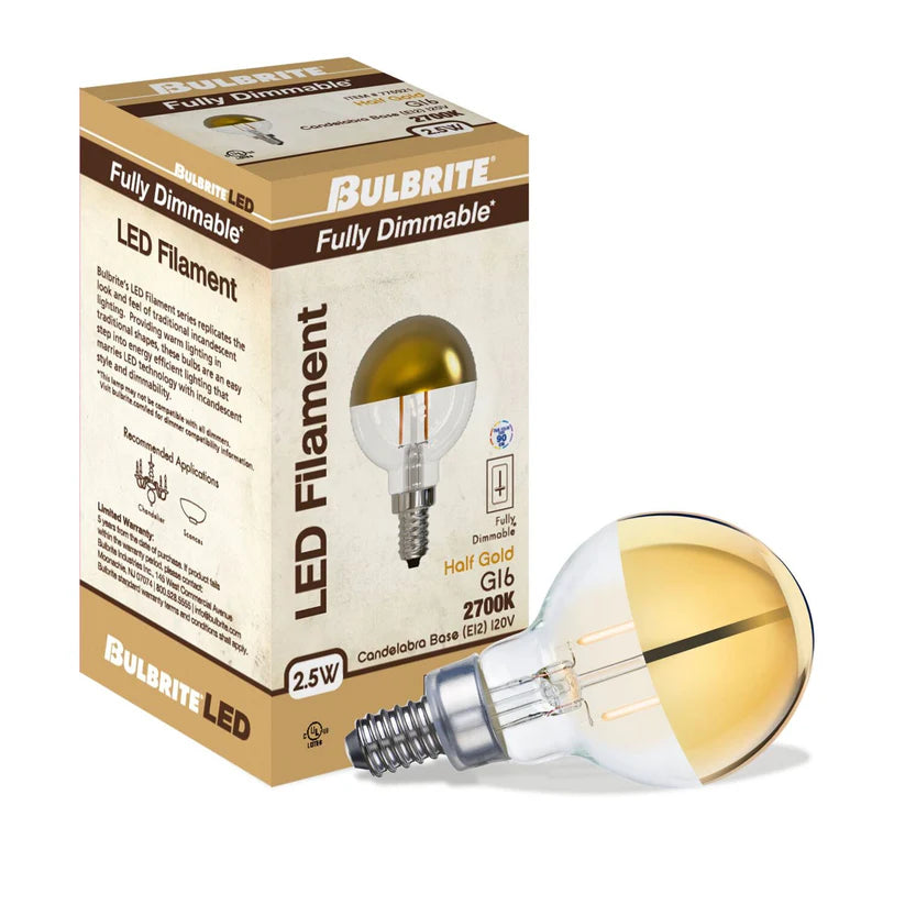 Bulbrite 776921 LED2G16/27K/FIL/HG/3 2.5W LED G16 Filament Half Gold 2700K 200lm E12 120V [10-Pack]